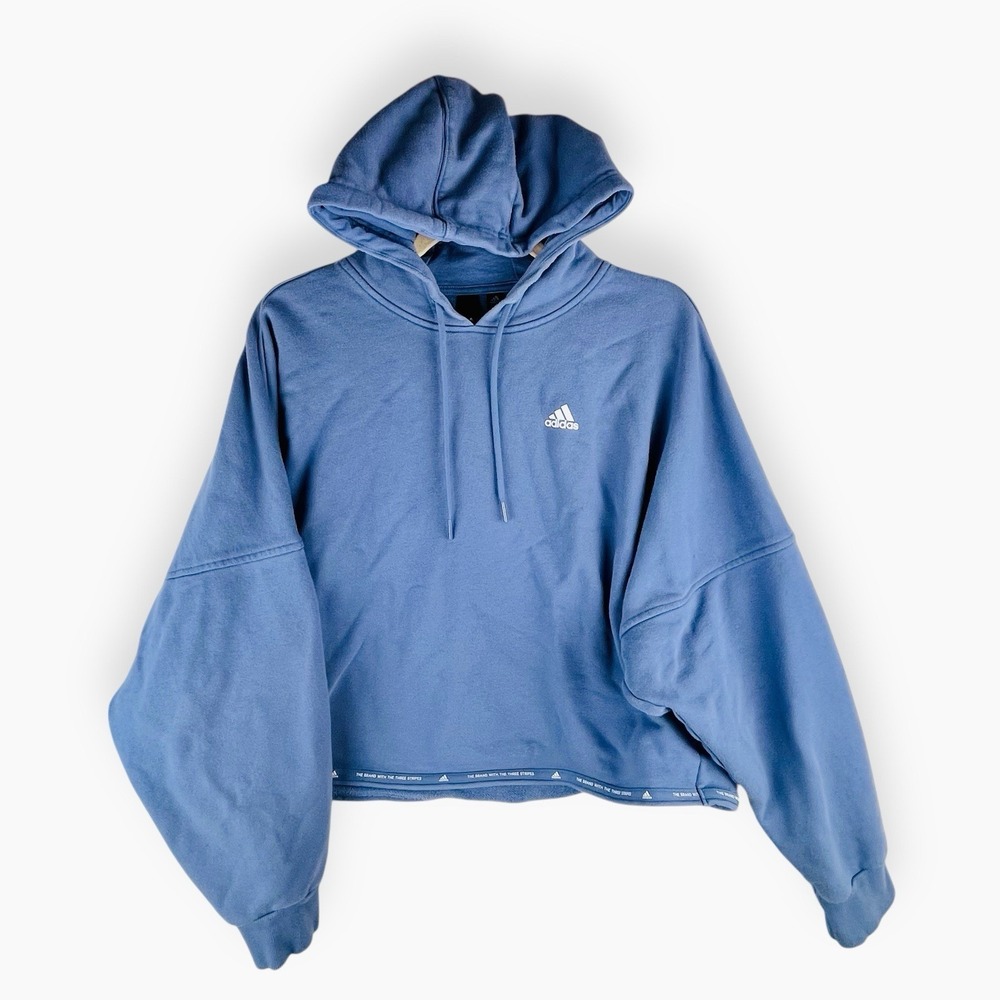 Adidas Women Cropped Hoodie Small Blue Logo Trefoil Cotton Pullover RN88387